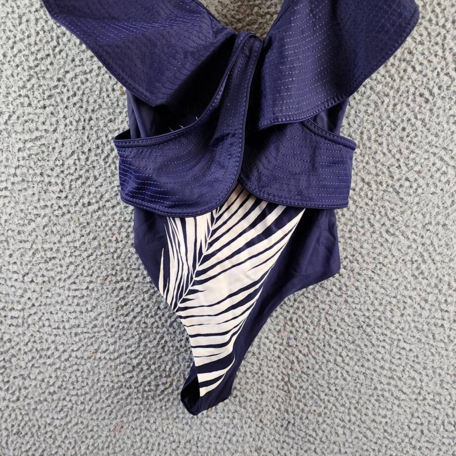Johanna Ortiz Navegando Ando Ruffled One Piece Swimsuit Women's XS Navy/Ecru~