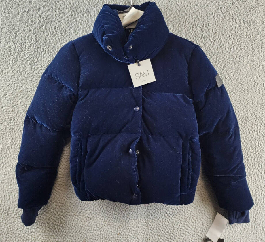 SAM. Sophia Velvet Puffer Jacket Girls 10 Navy Solid Long Sleeve Snap Closure