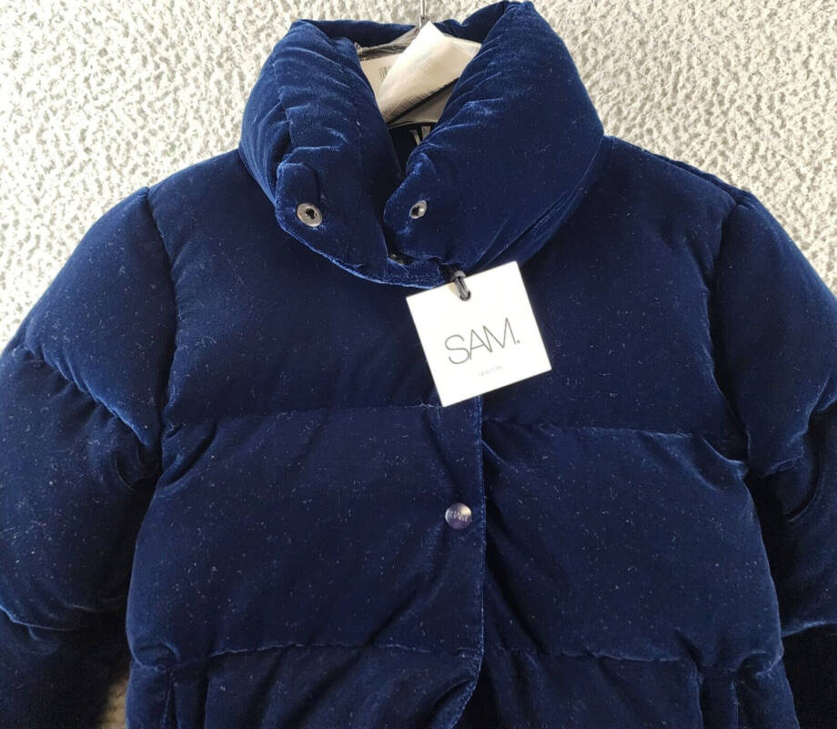 SAM. Sophia Velvet Puffer Jacket Girls 10 Navy Solid Long Sleeve Snap Closure