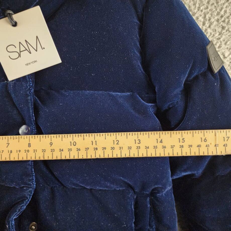 SAM. Sophia Velvet Puffer Jacket Girls 10 Navy Solid Long Sleeve Snap Closure
