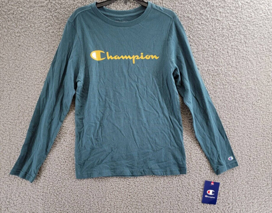 Champion Long-Sleeve T-Shirt Big Boys L 14/16 Metallic Teal Crew Neck Pullover