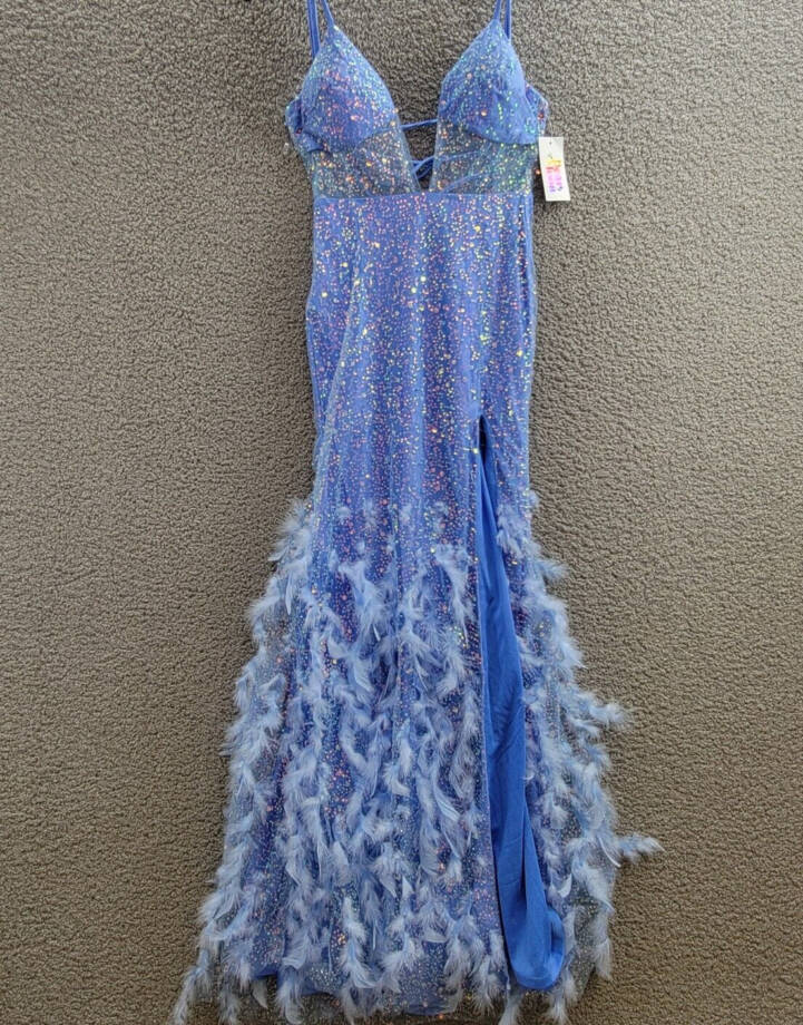 Dear Moon Embellished Illusion-Corset Feather-Skirt Gown Juniors 0 Blue Lace Zip
