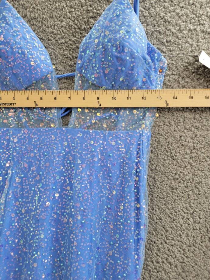 Dear Moon Embellished Illusion-Corset Feather-Skirt Gown Juniors 0 Blue Lace Zip