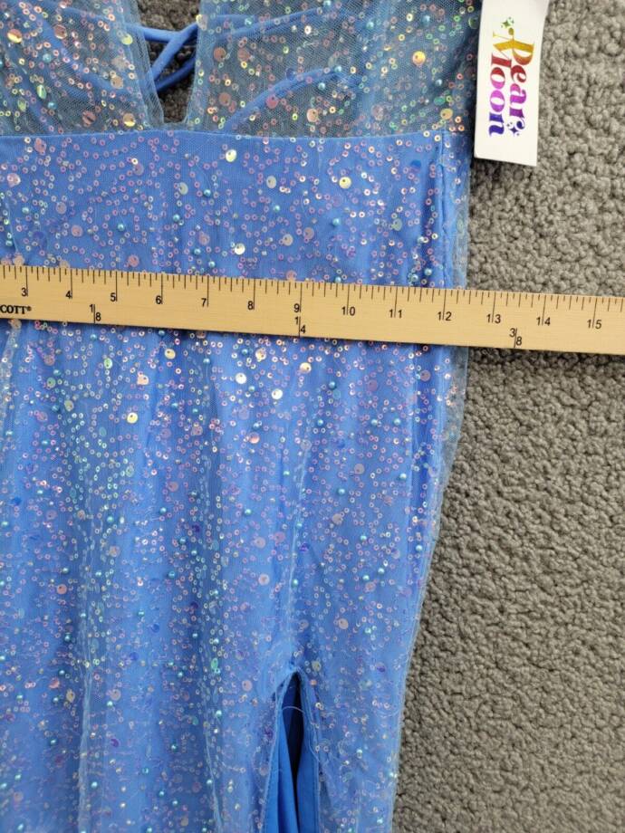 Dear Moon Embellished Illusion-Corset Feather-Skirt Gown Juniors 0 Blue Lace Zip