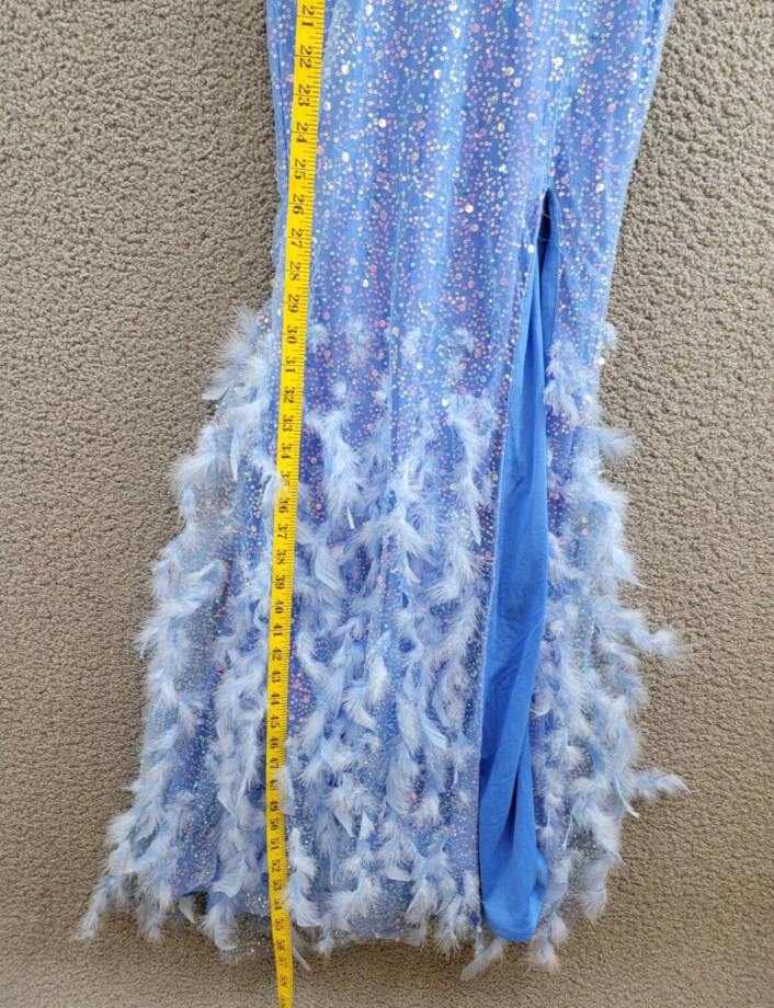 Dear Moon Embellished Illusion-Corset Feather-Skirt Gown Juniors 0 Blue Lace Zip