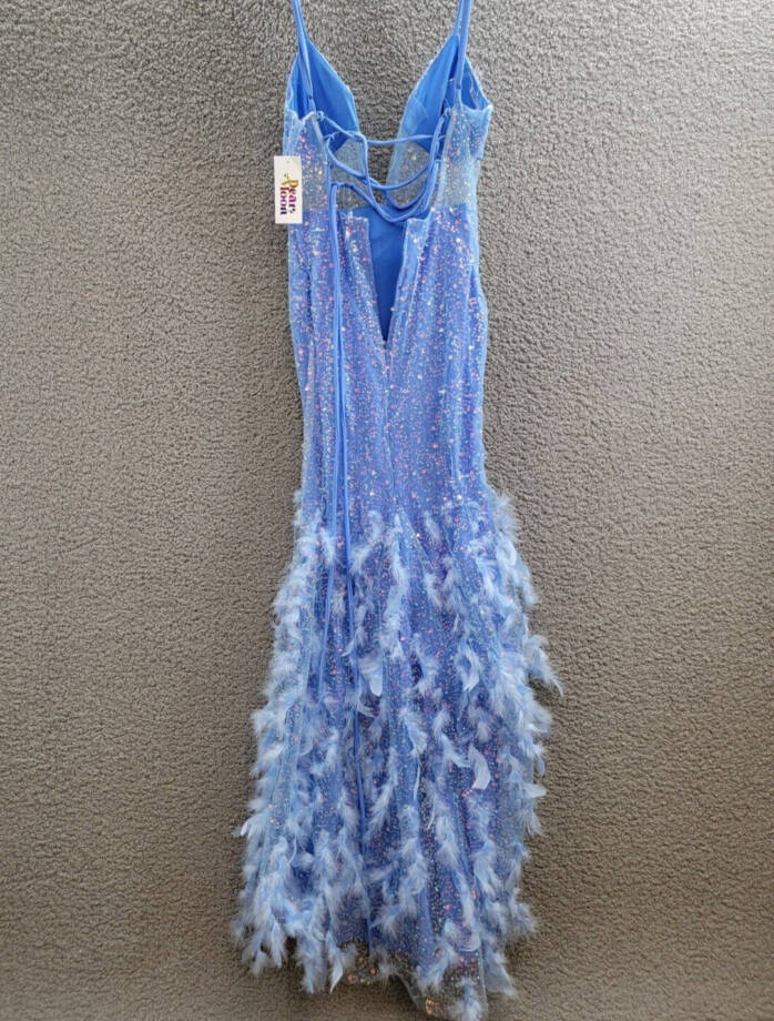 Dear Moon Embellished Illusion-Corset Feather-Skirt Gown Juniors 0 Blue Lace Zip