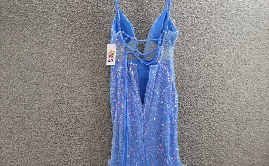 Dear Moon Embellished Illusion-Corset Feather-Skirt Gown Juniors 0 Blue Lace Zip
