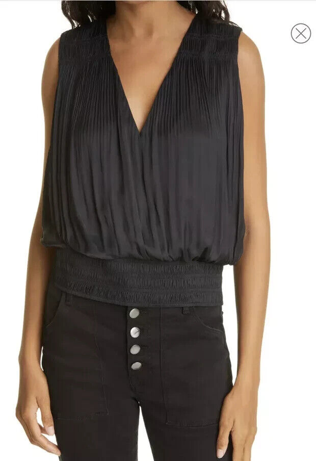 FRAME Pleat V-Neck Top Women's S Black Smocked Hem Sleeveless Pullover Style