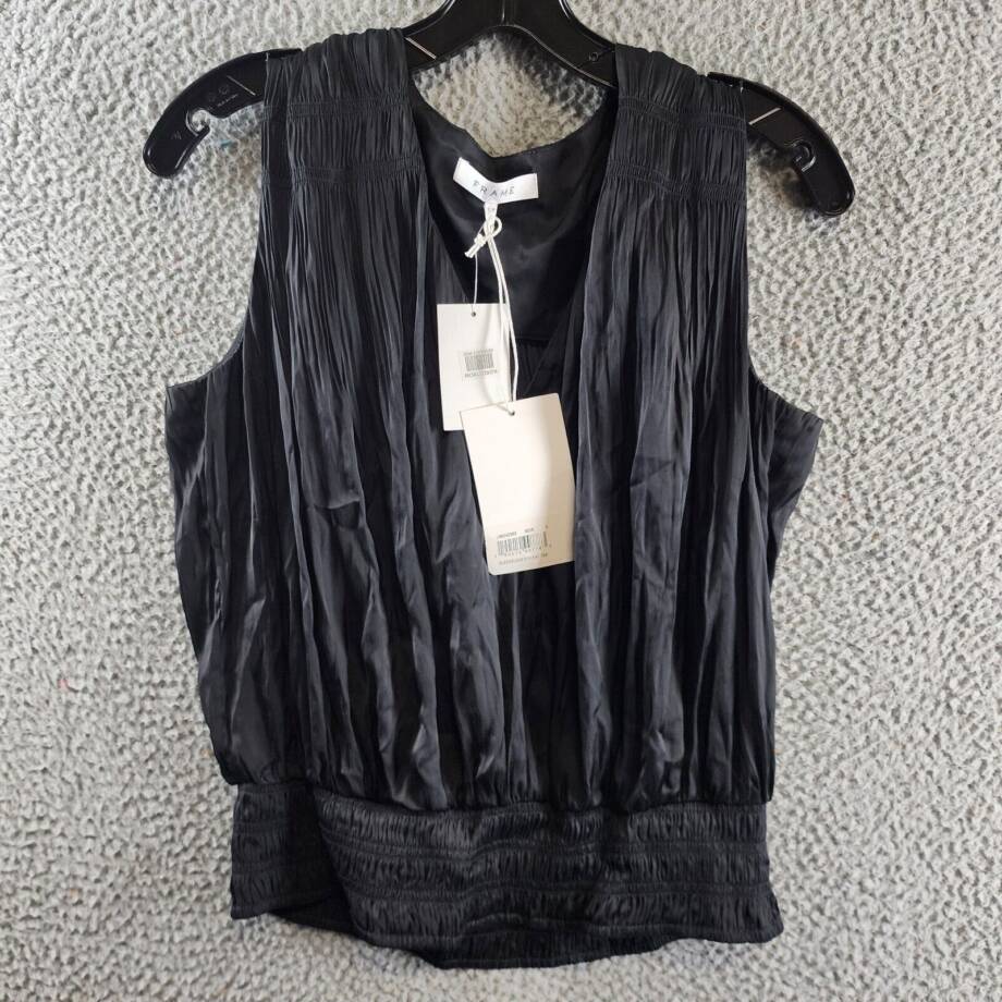 FRAME Pleat V-Neck Top Women's S Black Smocked Hem Sleeveless Pullover Style