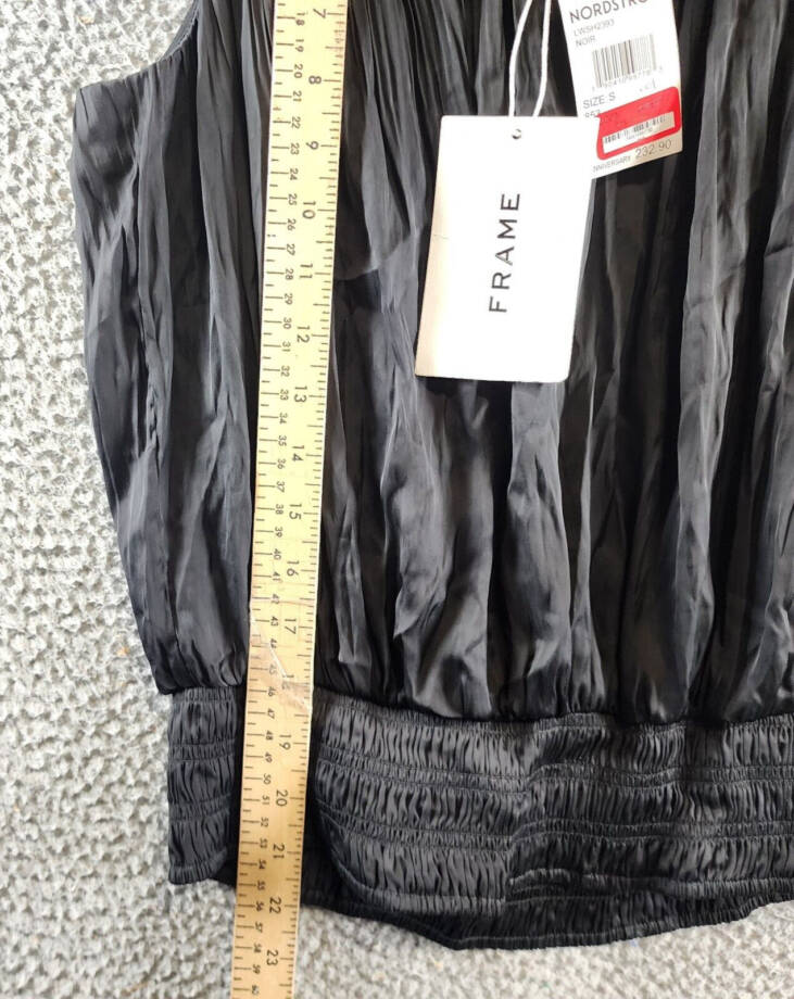 FRAME Pleat V-Neck Top Women's S Black Smocked Hem Sleeveless Pullover Style