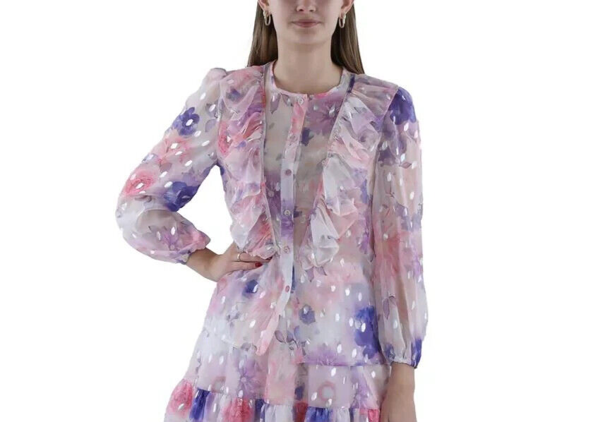 Beulah Cascade Ruffle Neck Button Top Juniors S Multi Floral Sheer Long Sleeve