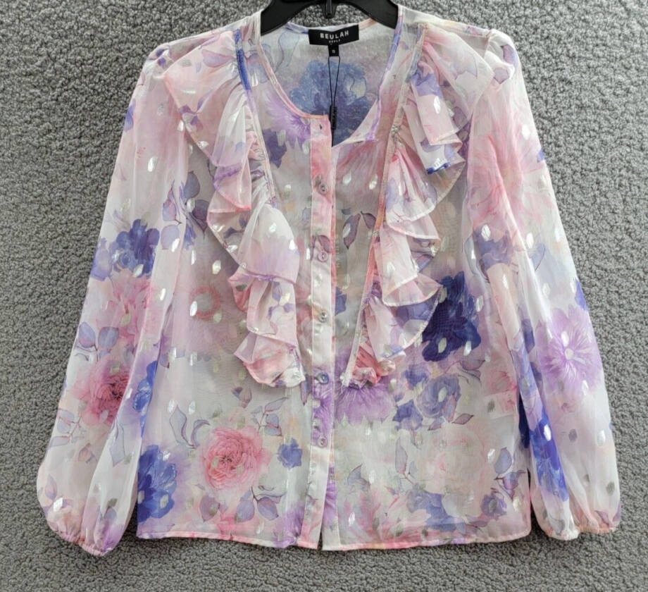 Beulah Cascade Ruffle Neck Button Top Juniors S Multi Floral Sheer Long Sleeve