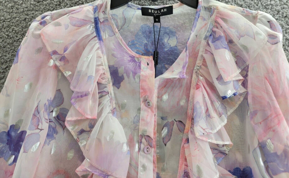 Beulah Cascade Ruffle Neck Button Top Juniors S Multi Floral Sheer Long Sleeve