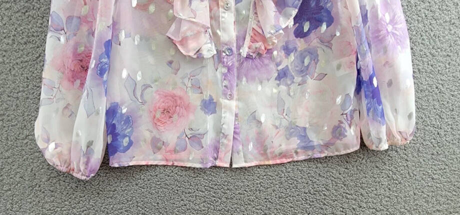 Beulah Cascade Ruffle Neck Button Top Juniors S Multi Floral Sheer Long Sleeve