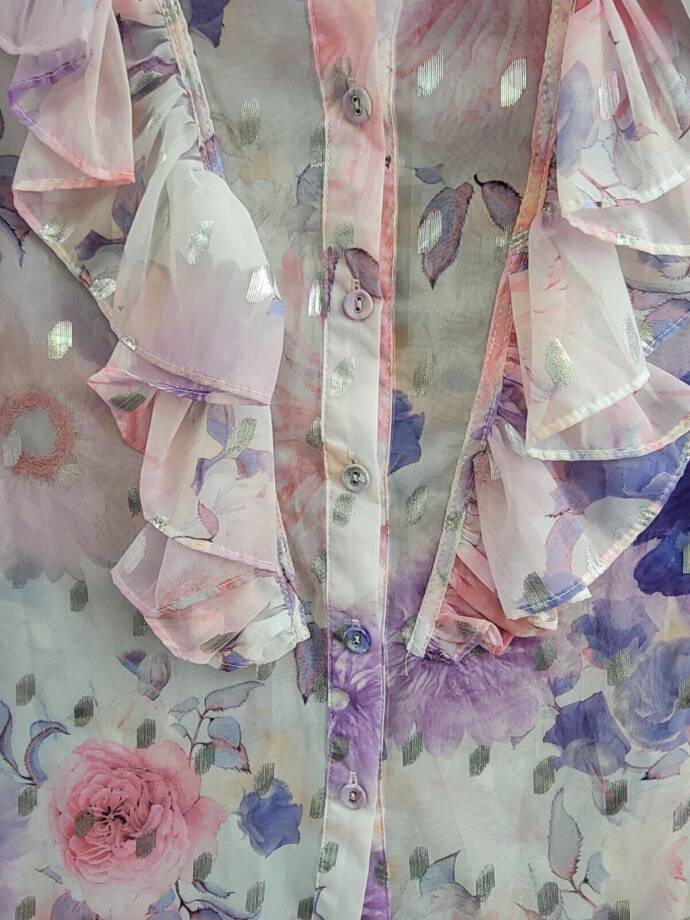 Beulah Cascade Ruffle Neck Button Top Juniors S Multi Floral Sheer Long Sleeve