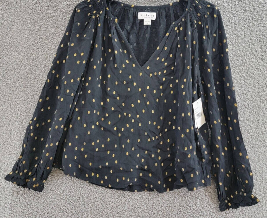 Velvet by Graham & Spencer Krista Metallic Dot Boho Top Women's XS Black L/S