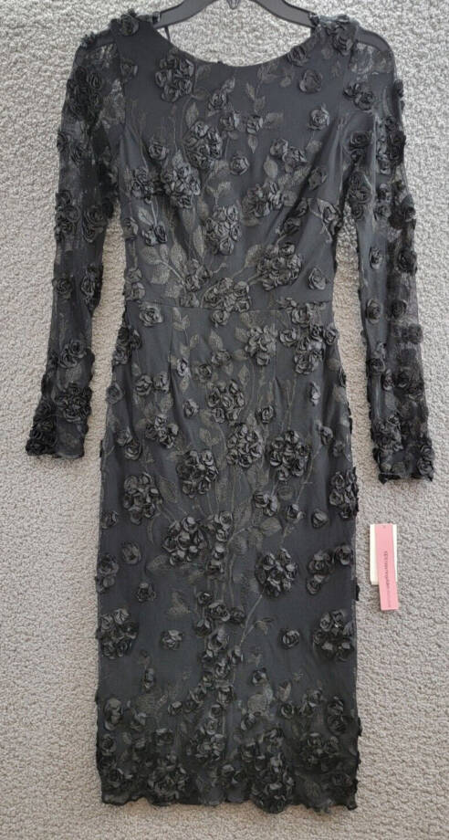 Aqua Floral Embroidered Dress Women's 0 Black Boat Neck Zip Closure Long Sleeve