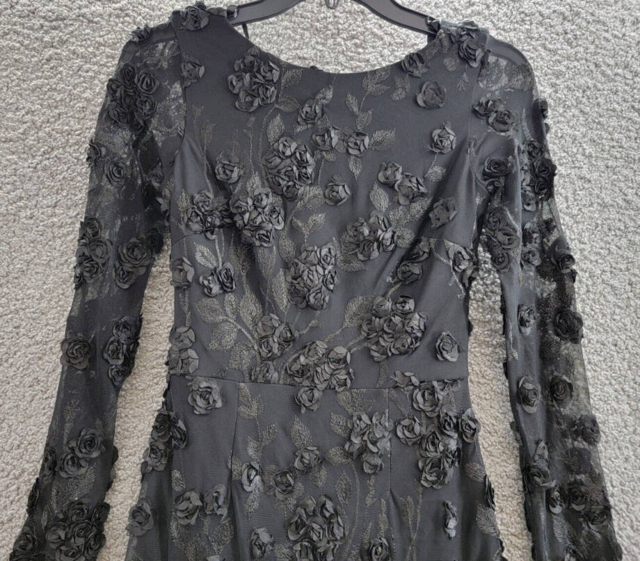 Aqua Floral Embroidered Dress Women's 0 Black Boat Neck Zip Closure Long Sleeve