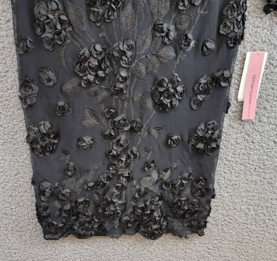 Aqua Floral Embroidered Dress Women's 0 Black Boat Neck Zip Closure Long Sleeve