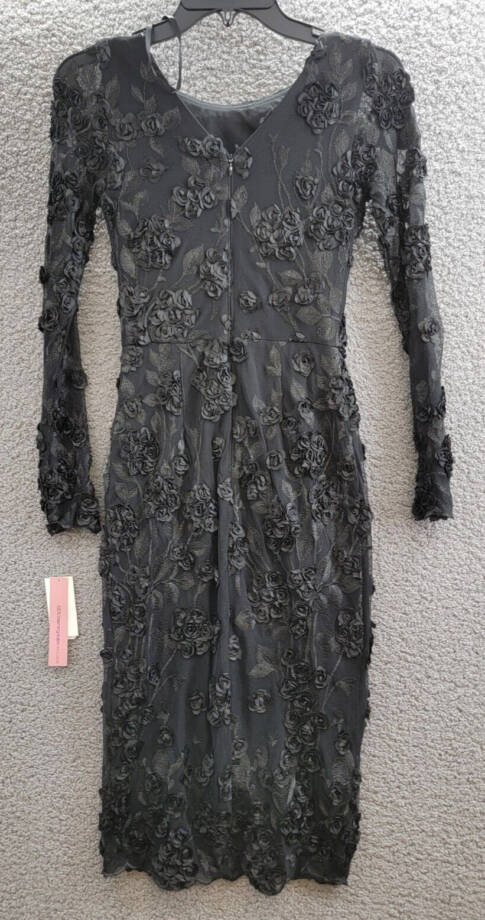 Aqua Floral Embroidered Dress Women's 0 Black Boat Neck Zip Closure Long Sleeve