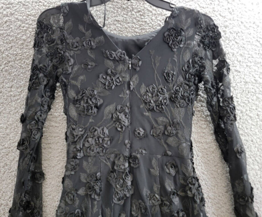 Aqua Floral Embroidered Dress Women's 0 Black Boat Neck Zip Closure Long Sleeve