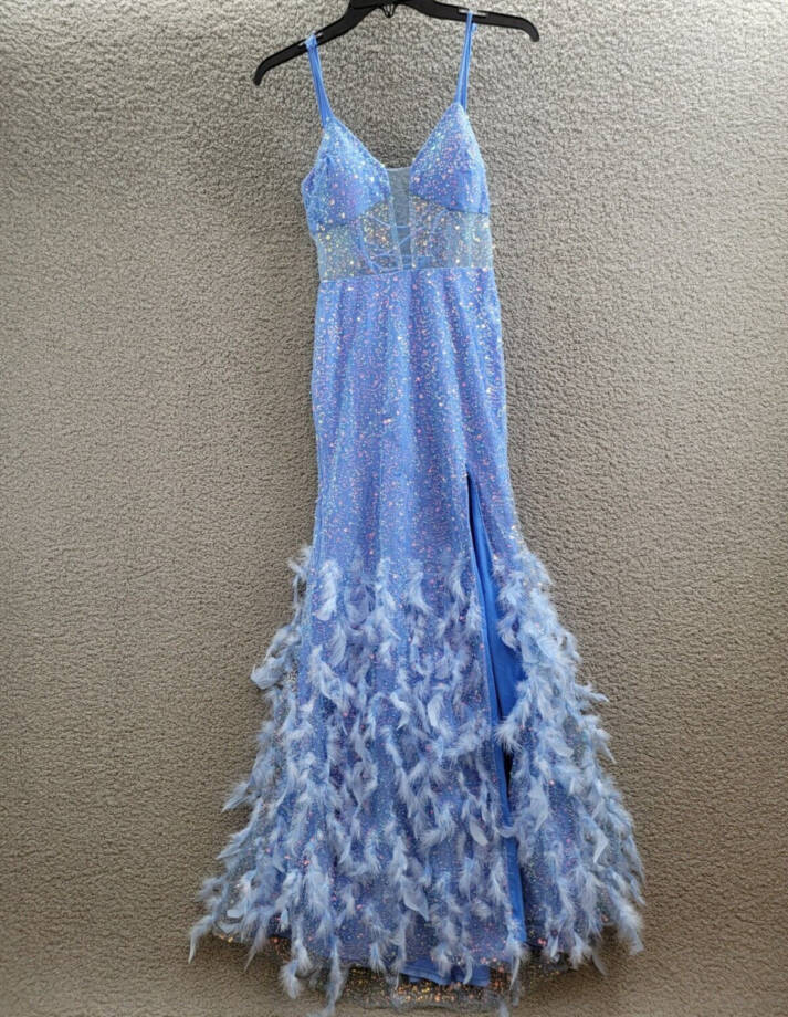 Dear Moon Embellished Illusion-Corset Feather-Skirt Gown Juniors 3 Periwinkle