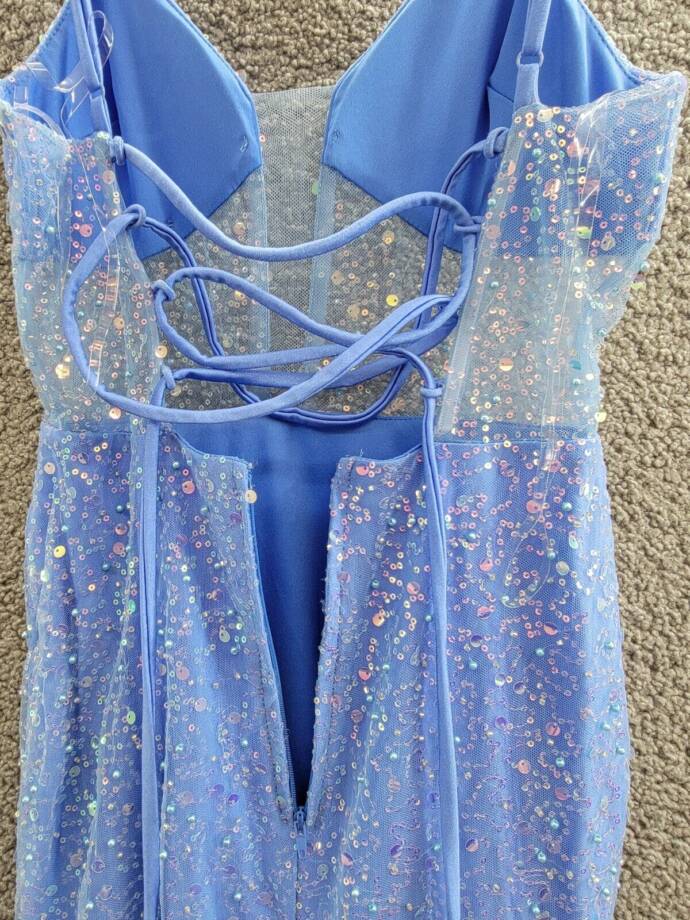 Dear Moon Embellished Illusion-Corset Feather-Skirt Gown Juniors 3 Periwinkle
