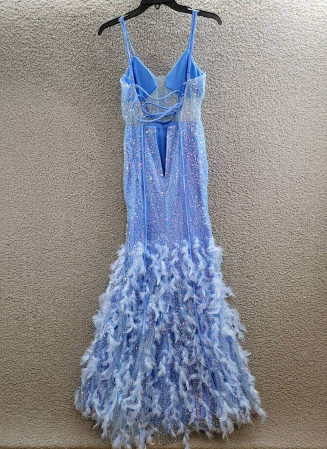Dear Moon Embellished Illusion-Corset Feather-Skirt Gown Juniors 3 Periwinkle