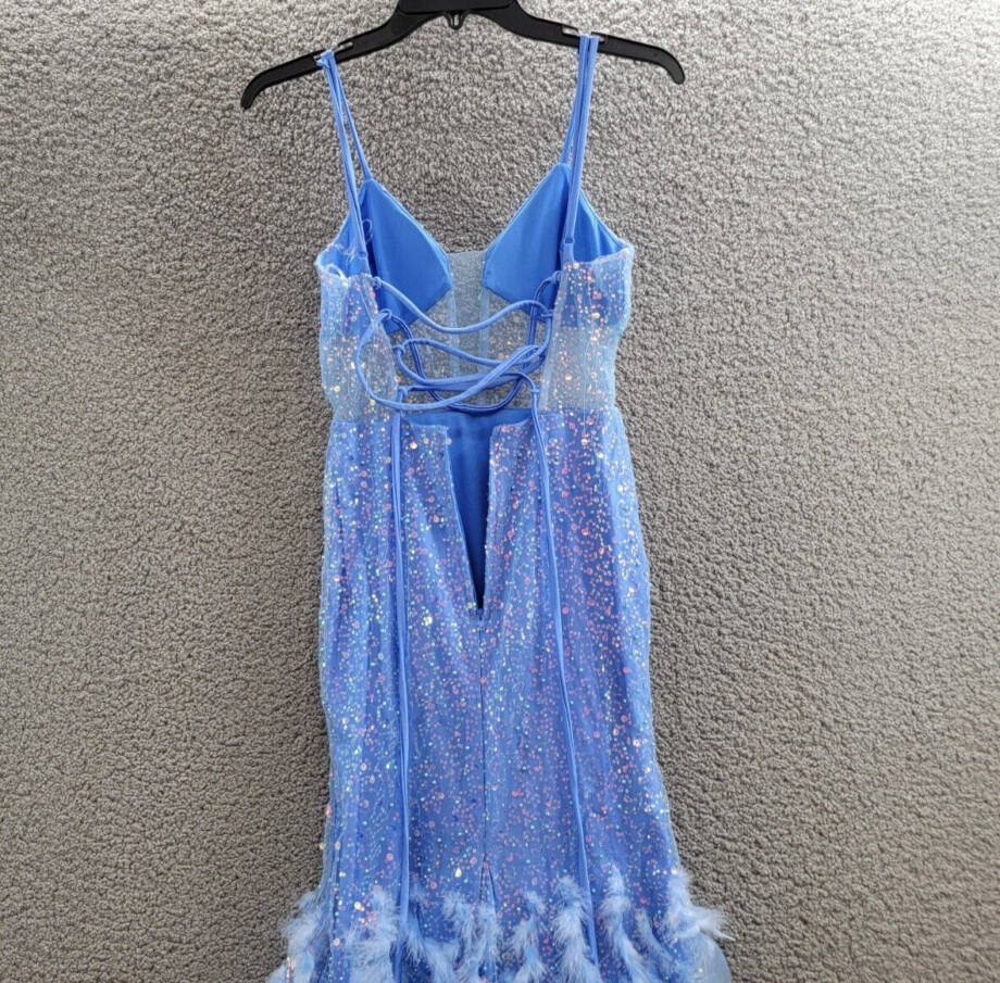 Dear Moon Embellished Illusion-Corset Feather-Skirt Gown Juniors 3 Periwinkle