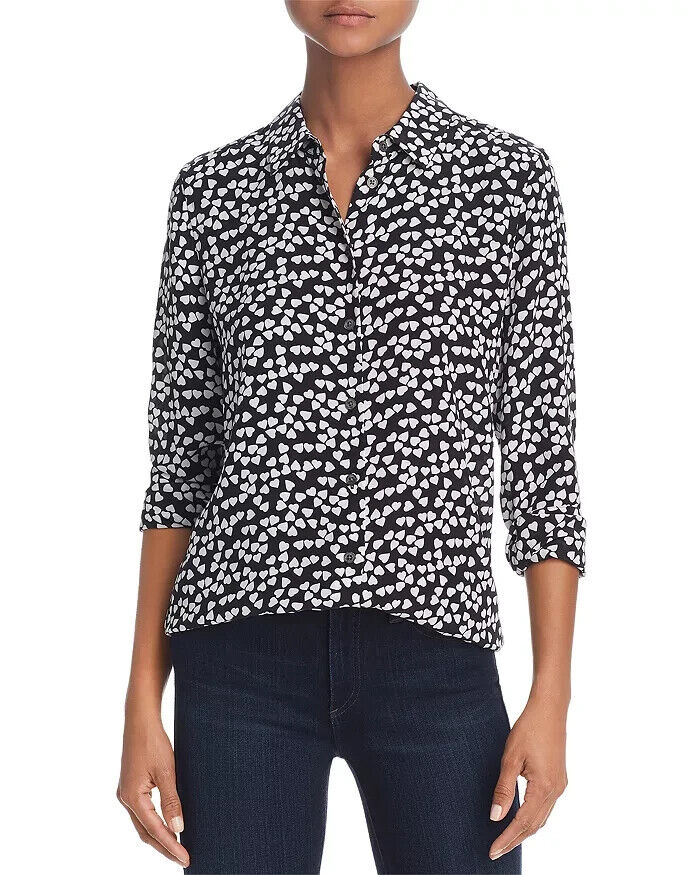 Equipment Essential Silk Heart Print Shirt Women's XXL Black/White Long Sleeve