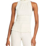 Frame Smocked Knit Halter Top Women's XS Bone Ruffle Trim Sleeveless Pullover