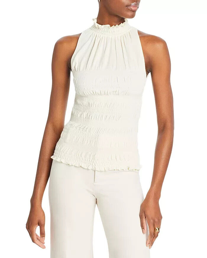 Frame Smocked Knit Halter Top Women's XS Bone Ruffle Trim Sleeveless Pullover