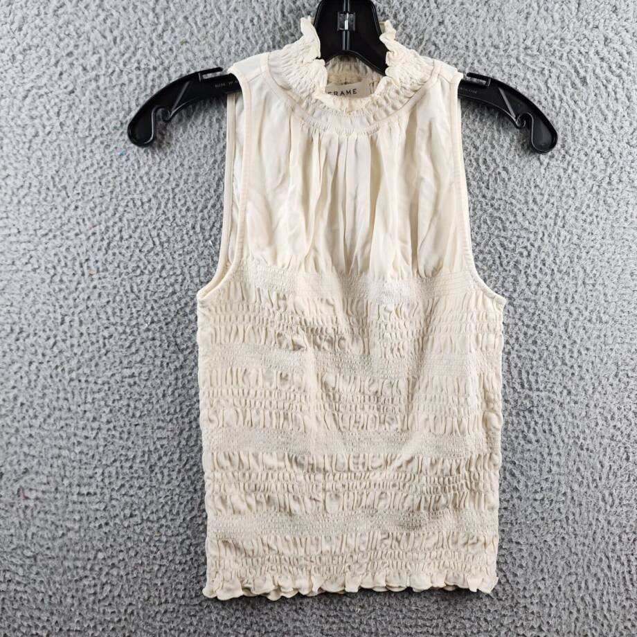 Frame Smocked Knit Halter Top Women's XS Bone Ruffle Trim Sleeveless Pullover