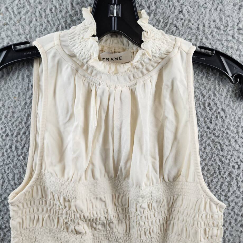 Frame Smocked Knit Halter Top Women's XS Bone Ruffle Trim Sleeveless Pullover