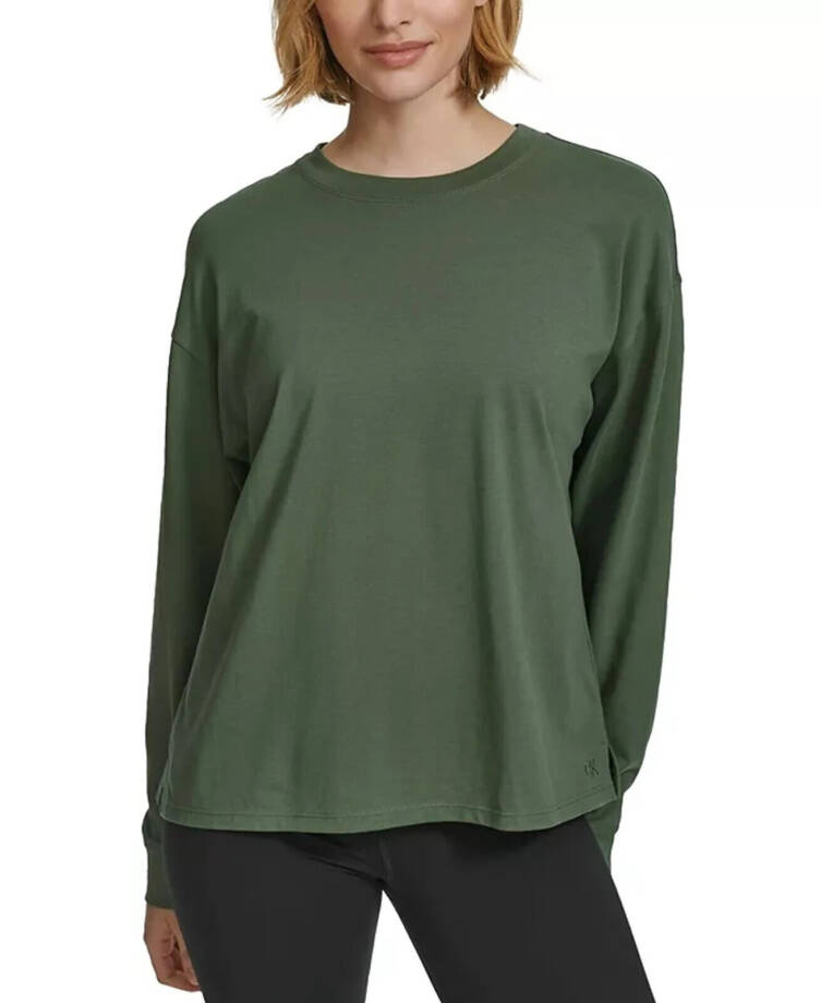 Calvin Klein Long-Sleeve Crew Neck T-Shirt Women's Small Thyme Solid Pullover