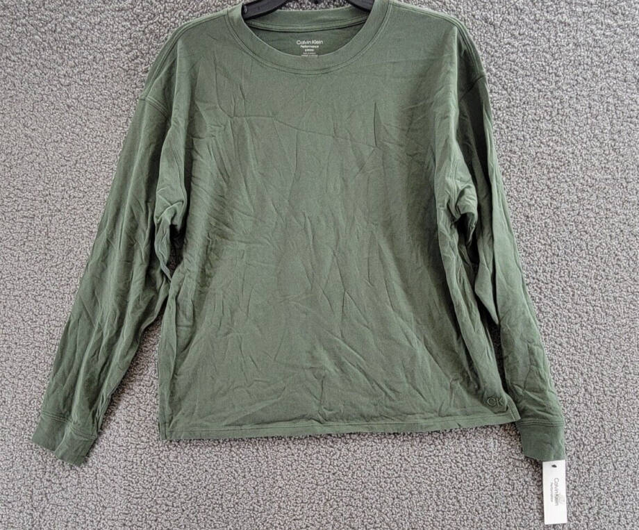 Calvin Klein Long-Sleeve Crew Neck T-Shirt Women's Small Thyme Solid Pullover