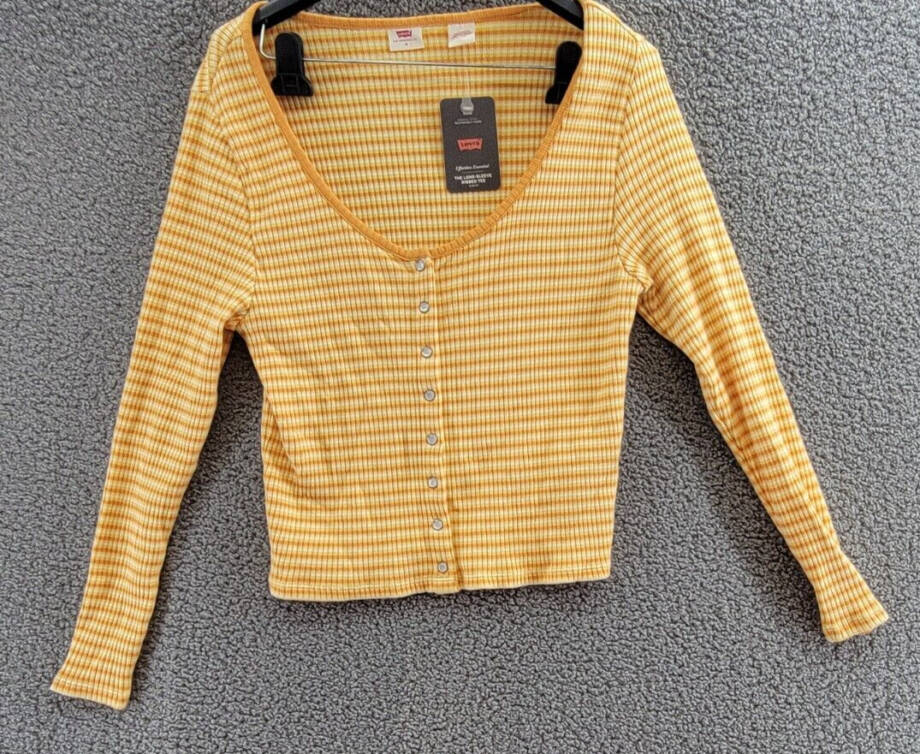 Levi's Trendy Plus Size Britt Long-Sleeve Snap-Front Top Womens 1X Yellow Stripe