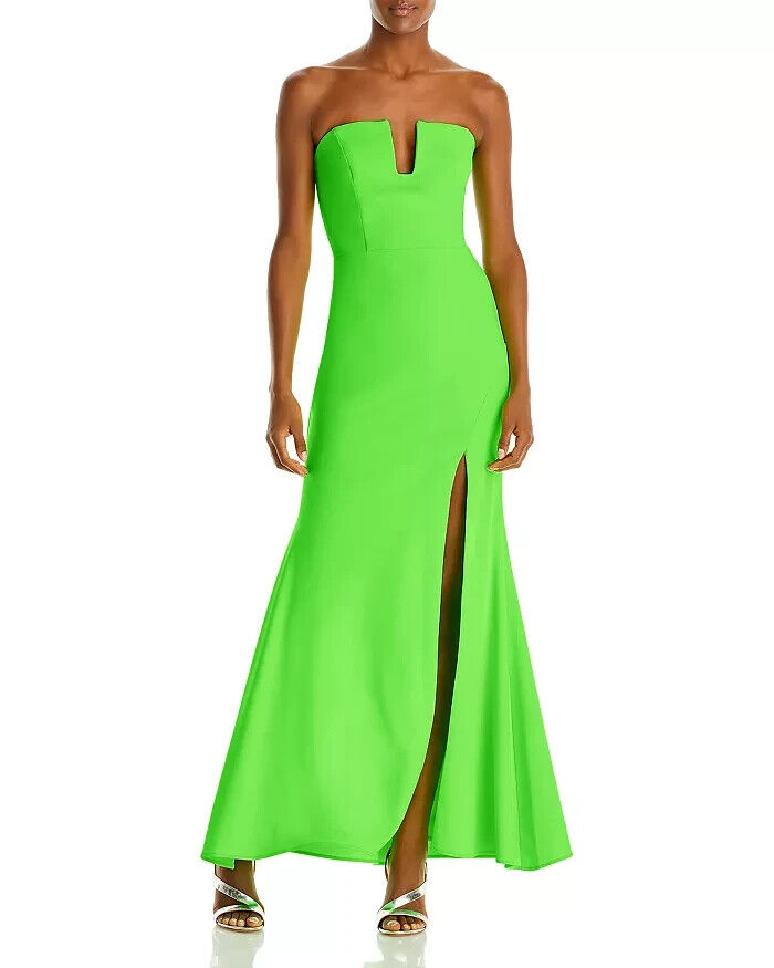 AQUA Strapless Formal Evening Dress Women's 4 Neon Green Slit Front Zip Closure~