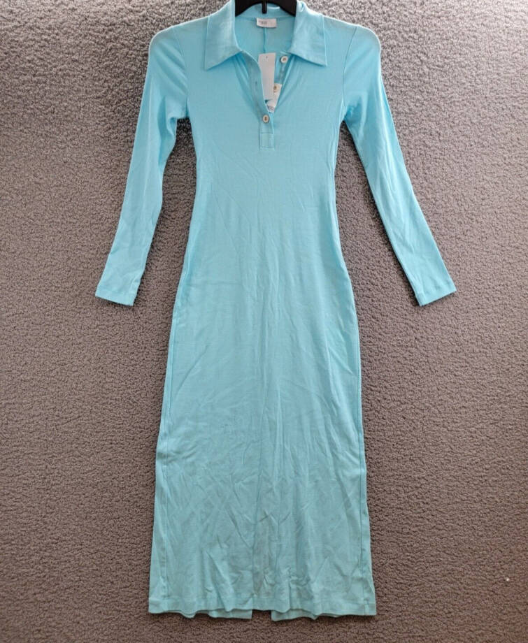 Rosetta Getty Long Sleeve Polo Dress Women's XS Aqua Solid Collared Pullover