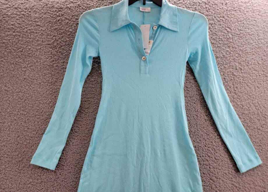 Rosetta Getty Long Sleeve Polo Dress Women's XS Aqua Solid Collared Pullover
