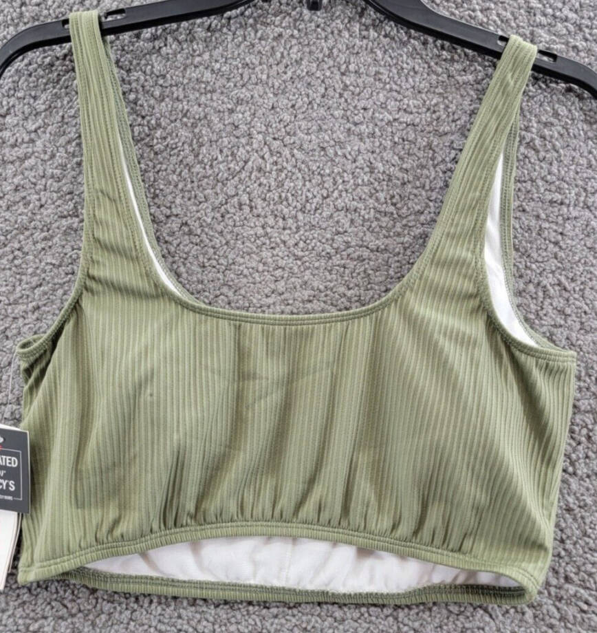 Salt + Cove Ribbed Long-Line Bikini Swim Top Juniors' XL Olive Green Scoop Neck