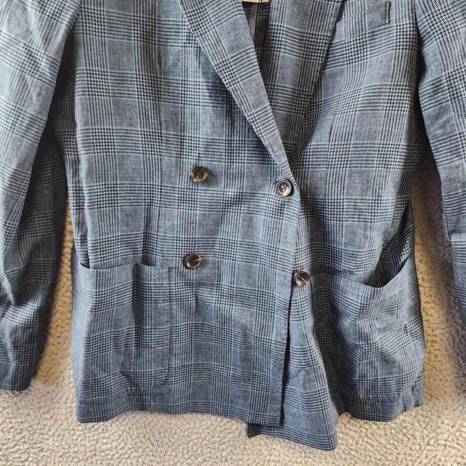 Scotch & Soda Linen Blend Double Breasted Check Blazer Men's M Blue Peak Lapel