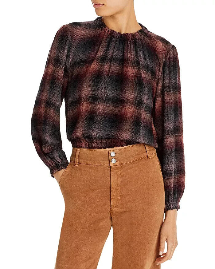 Bella Dahl Smocked Neck Pullover Top Women's M Canyon Pucker Plaid Long Sleeve