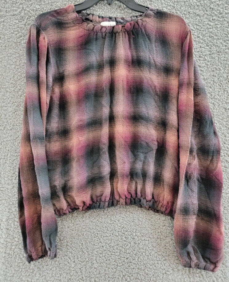 Bella Dahl Smocked Neck Pullover Top Women's M Canyon Pucker Plaid Long Sleeve