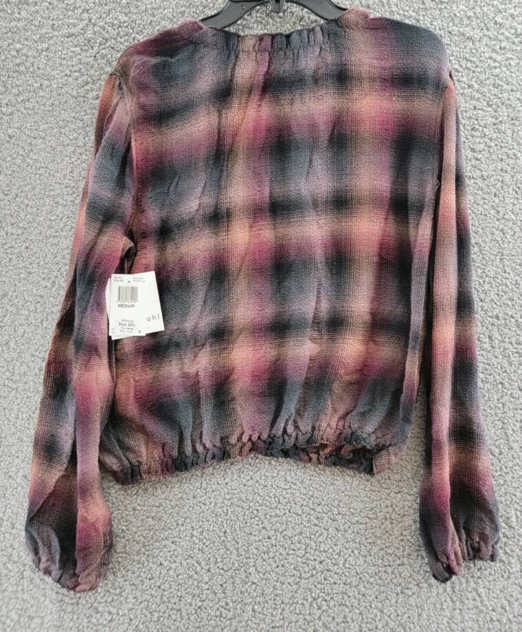 Bella Dahl Smocked Neck Pullover Top Women's M Canyon Pucker Plaid Long Sleeve