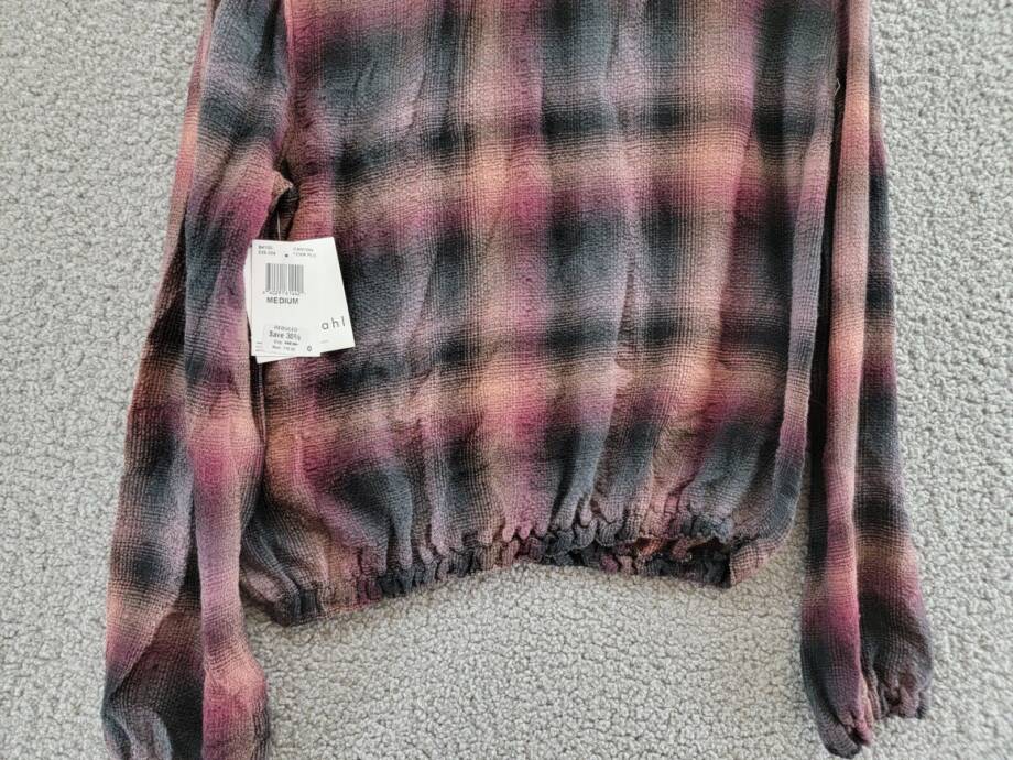 Bella Dahl Smocked Neck Pullover Top Women's M Canyon Pucker Plaid Long Sleeve