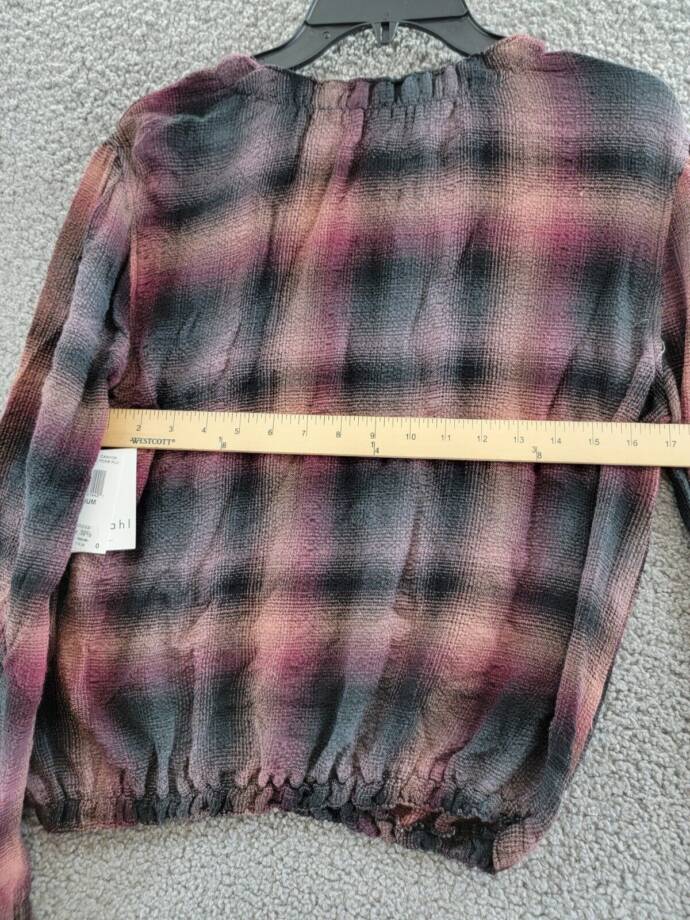 Bella Dahl Smocked Neck Pullover Top Women's M Canyon Pucker Plaid Long Sleeve