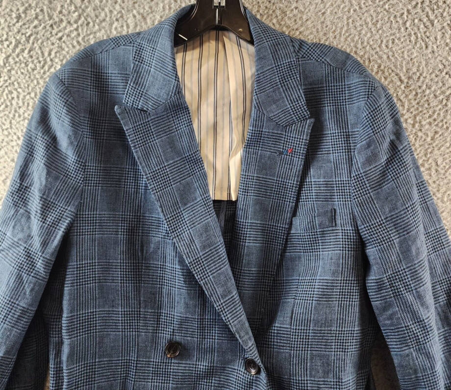 Scotch & Soda Linen Blend Double Breasted Check Blazer Men's M Blue Peak Lapel