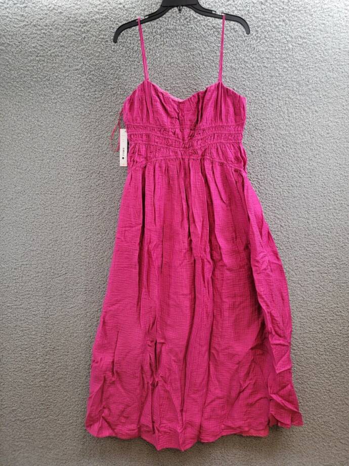 AQUA Crinkle Smocked Maxi Dress Women's L Berry Double Square Neck