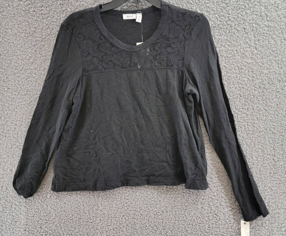 Wilt Lace Yoke Long Sleeve Top Women's Small Black Solid Crew Neck Pullover